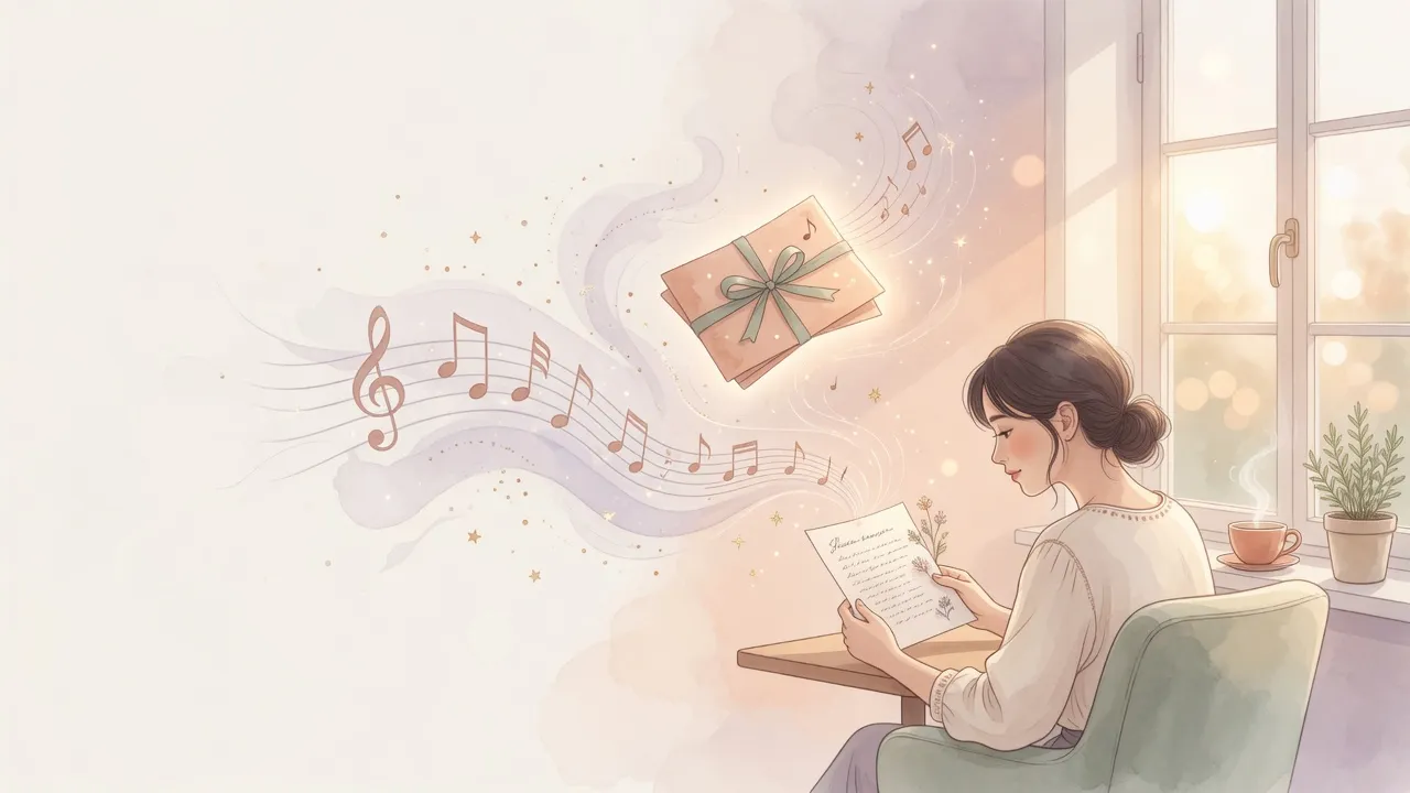 Aquarell-Illustration: Eine Frau liest einen persönlichen Brief, aus dem Musik und ein Geschenk aufsteigen